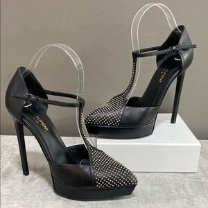 Saint Laurent Paris Black Leather Janis Studded T Strap Platform Pumps Size 37.5
